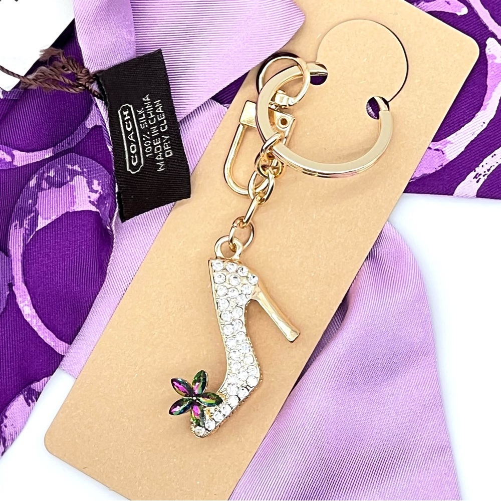 Coach Purple Signature Bag Scarf + Unbranded Crystal High Heel Bag Charm Set NEW - Picture 4 of 16